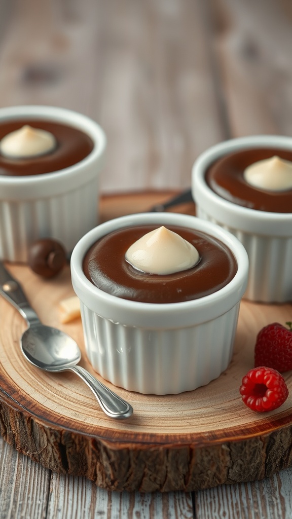 Lavkarbo Sjokoladepudding Oppskrift Lavkarbo sjokoladepudding servert i skåler, garnert med pisket krem og bær på et trebord.